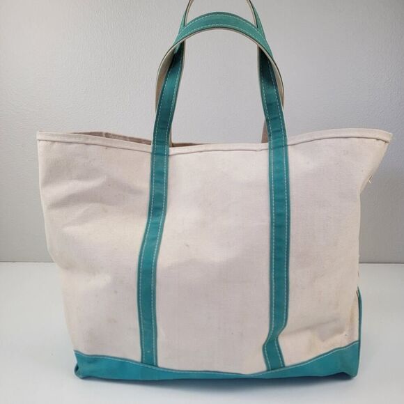 Vintage L.L. Bean Boat & Tote Canvas Blue Green Cream‎ Bag Large Top Handle - Picture 4 of 16